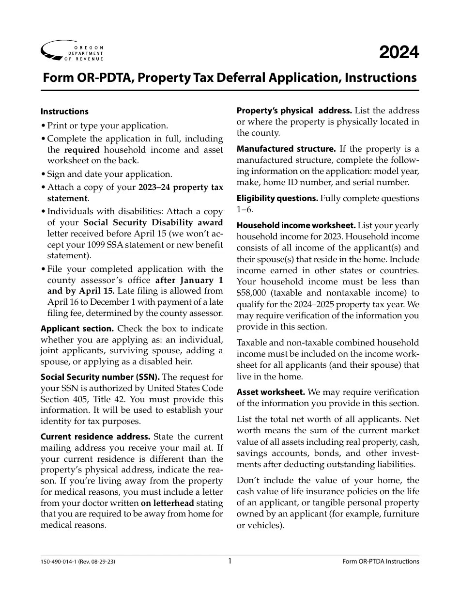 Download Instructions for Form ORPDTA, 150490014 Property Tax Deferral Application PDF, 2024