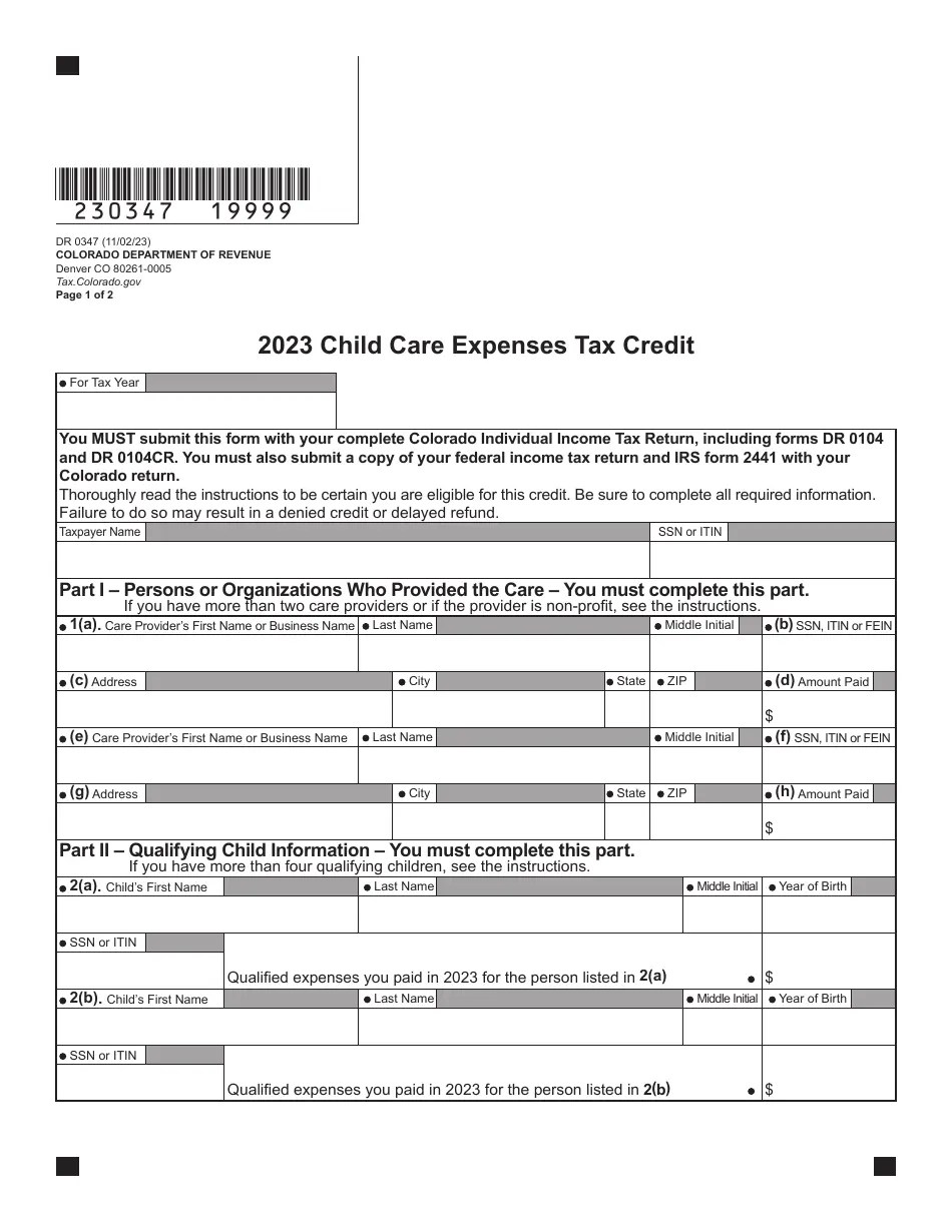 Form DR0347 Download Fillable PDF or Fill Online Child Care Expenses