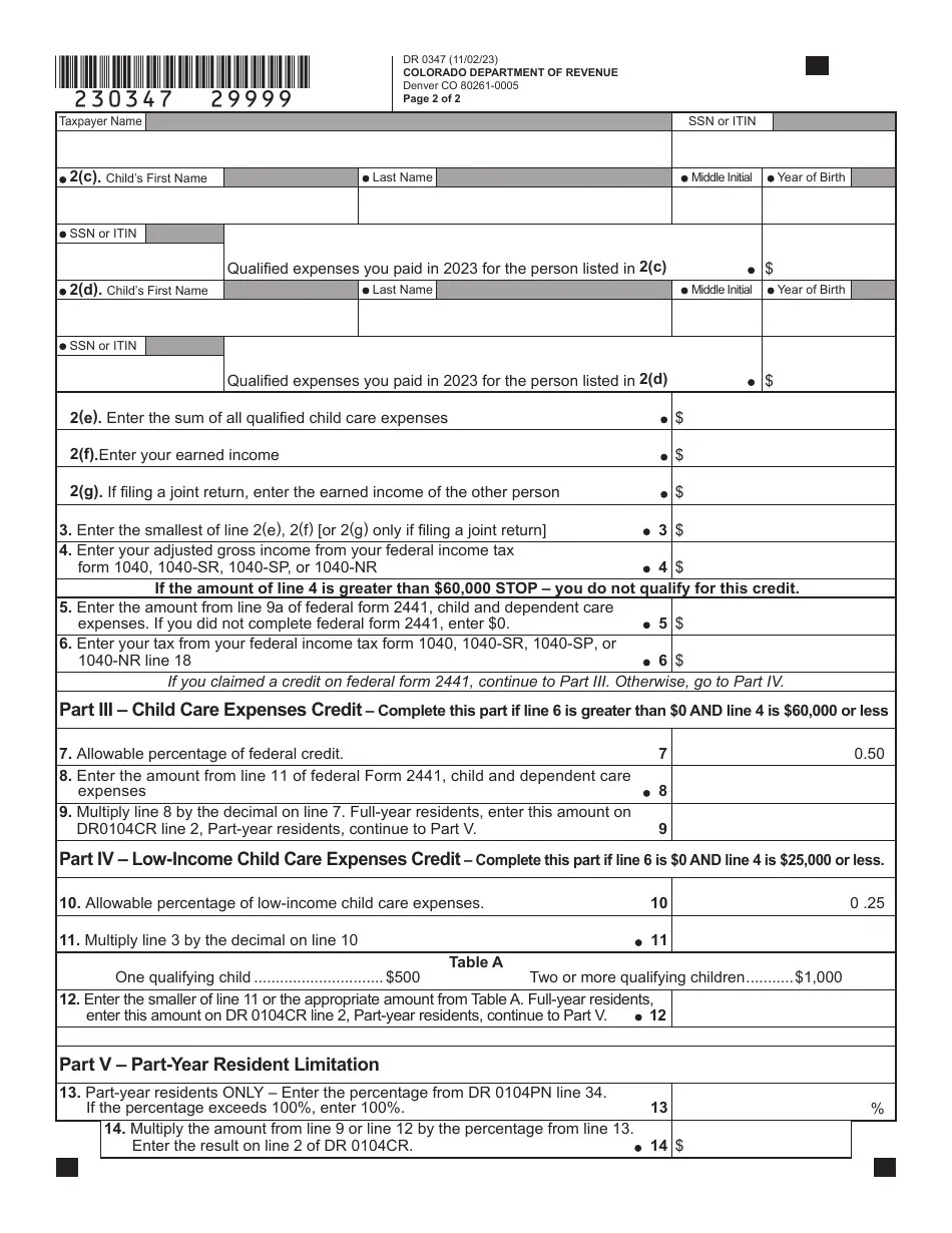 Form DR0347 Download Fillable PDF or Fill Online Child Care Expenses