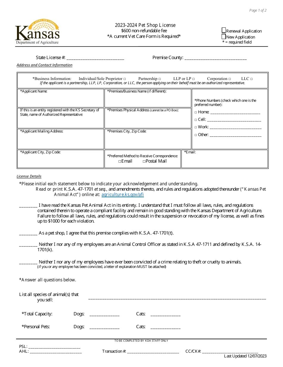 2024 Kansas Pet Shop License Application Fill Out, Sign Online and