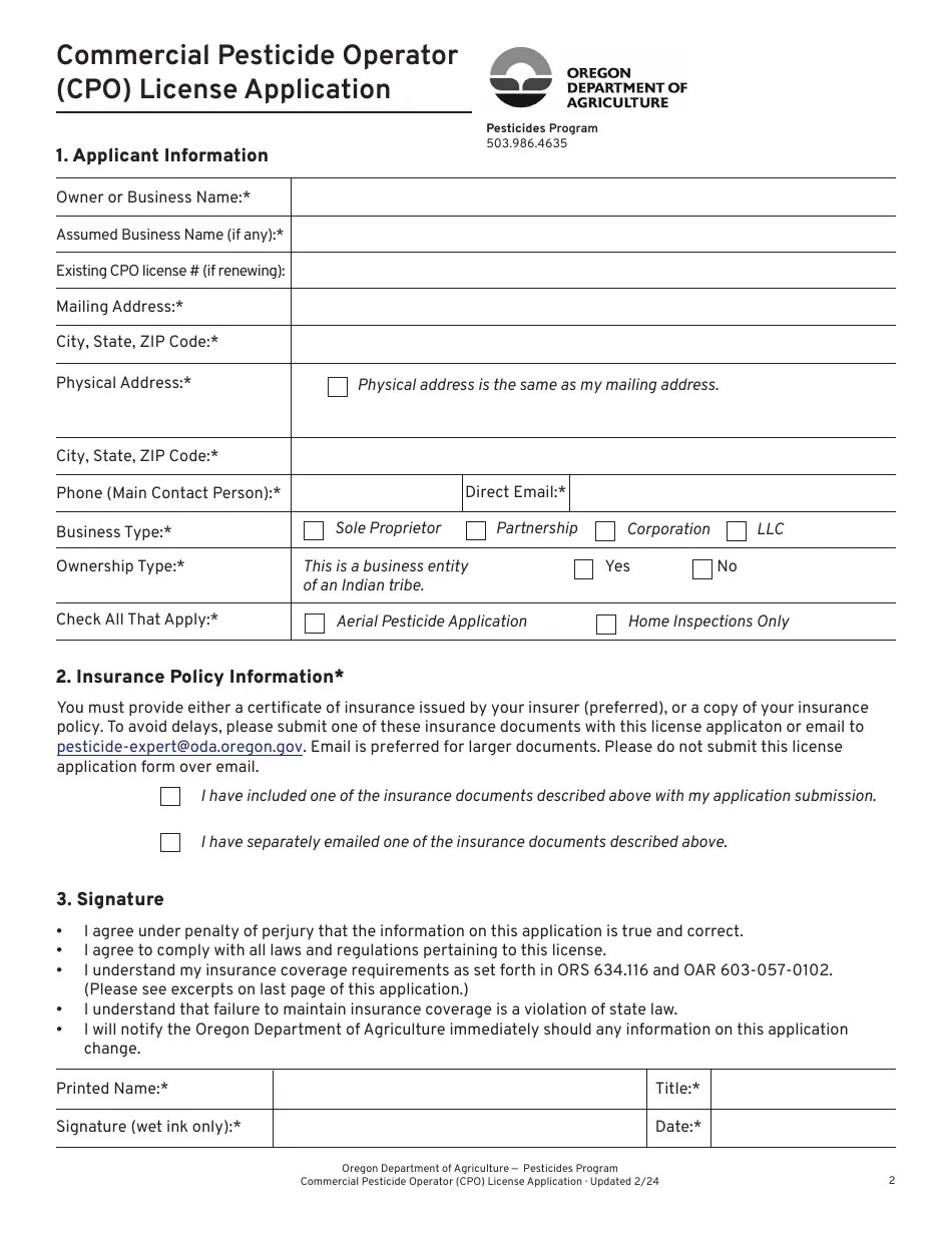 Oregon Commercial Pesticide Operator (Cpo) License Application Fill