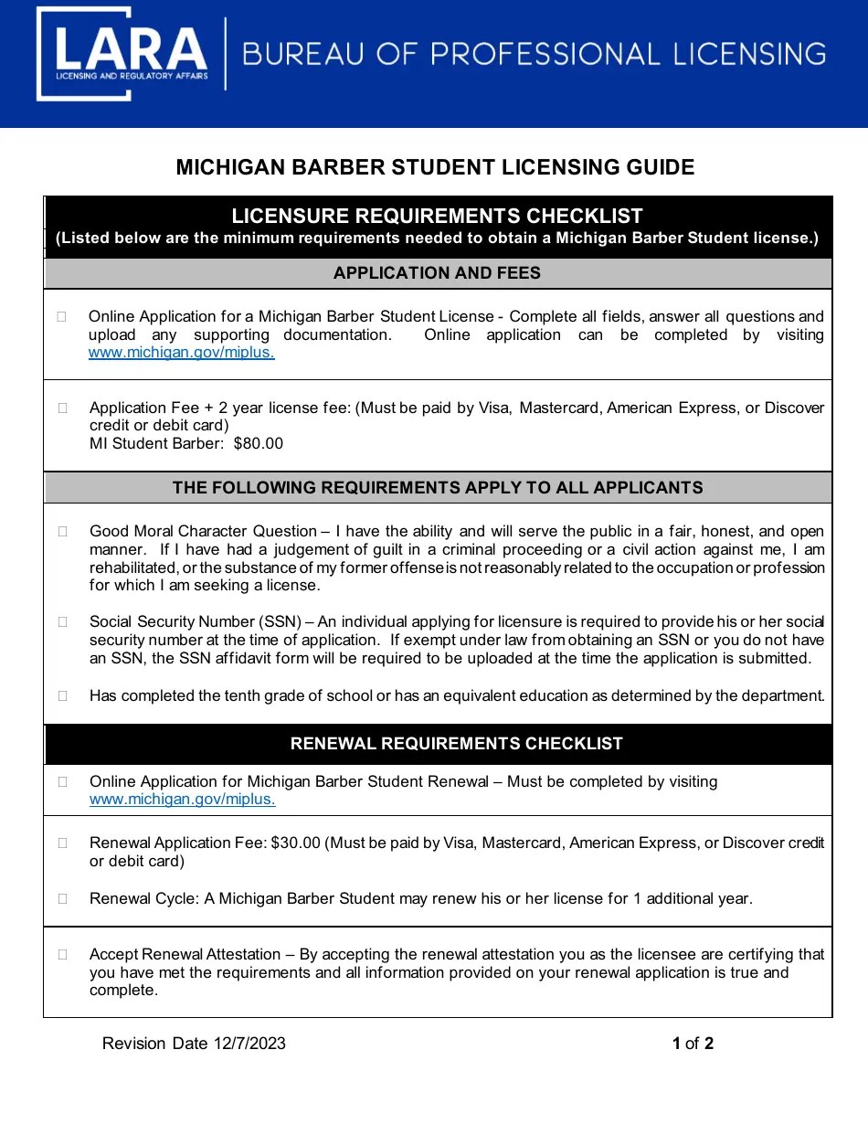 Michigan Michigan Barber Student Licensing Guide Fill Out, Sign