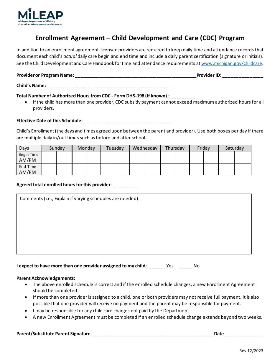 Michigan Enrollment Agreement Child Development and Care (CDC
