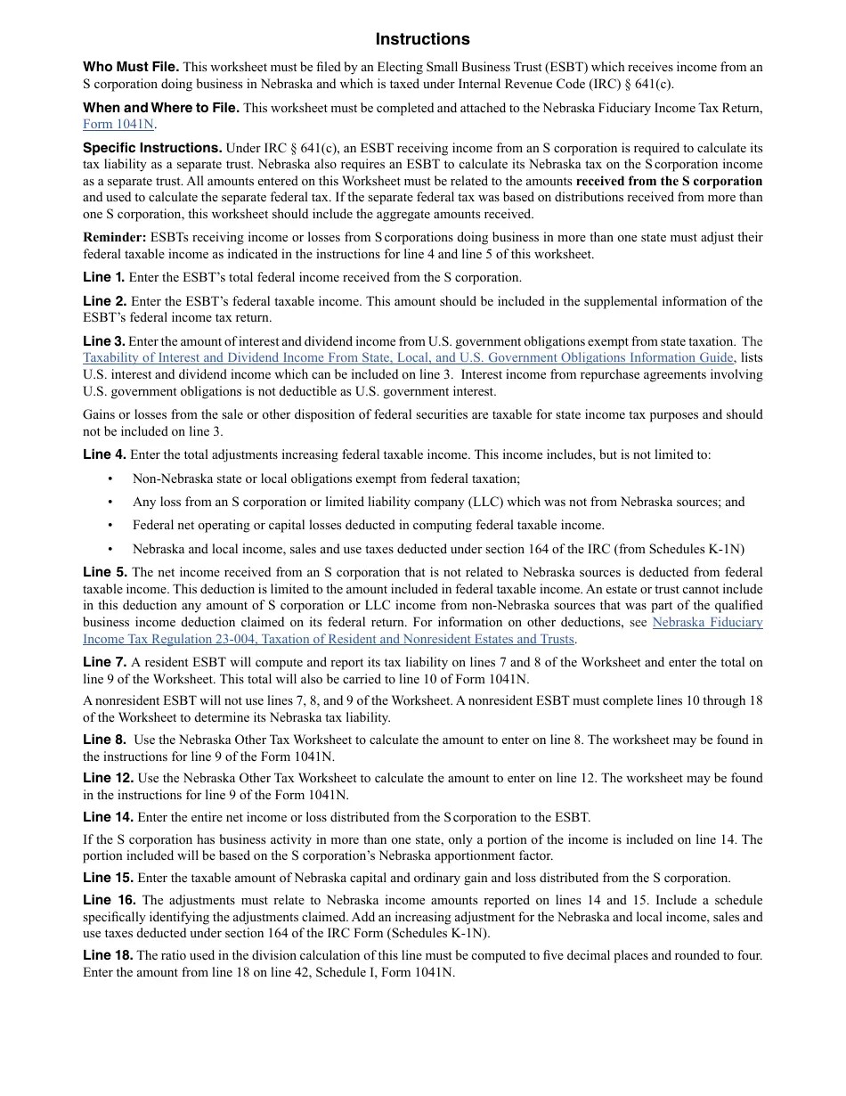 Form 1041N Worksheet ESBT Download Fillable PDF or Fill Online Electing