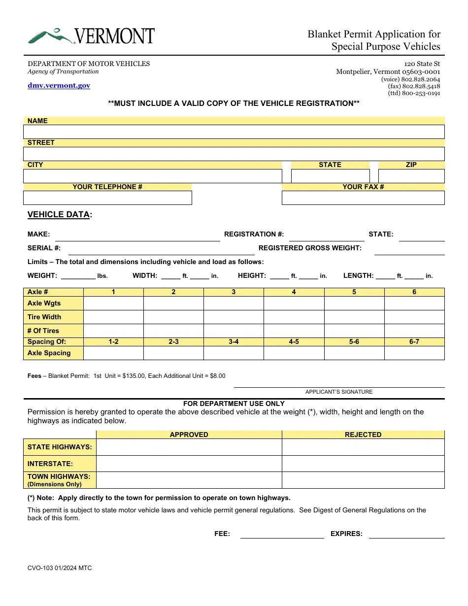 Form CVO103 Download Printable PDF or Fill Online Blanket Permit