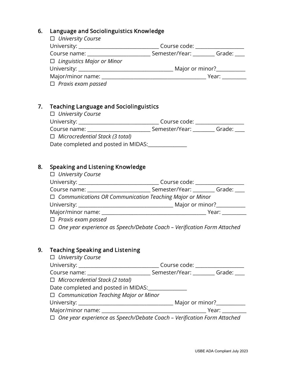 Utah English Language Arts (ELA) Endorsement Application Fill Out