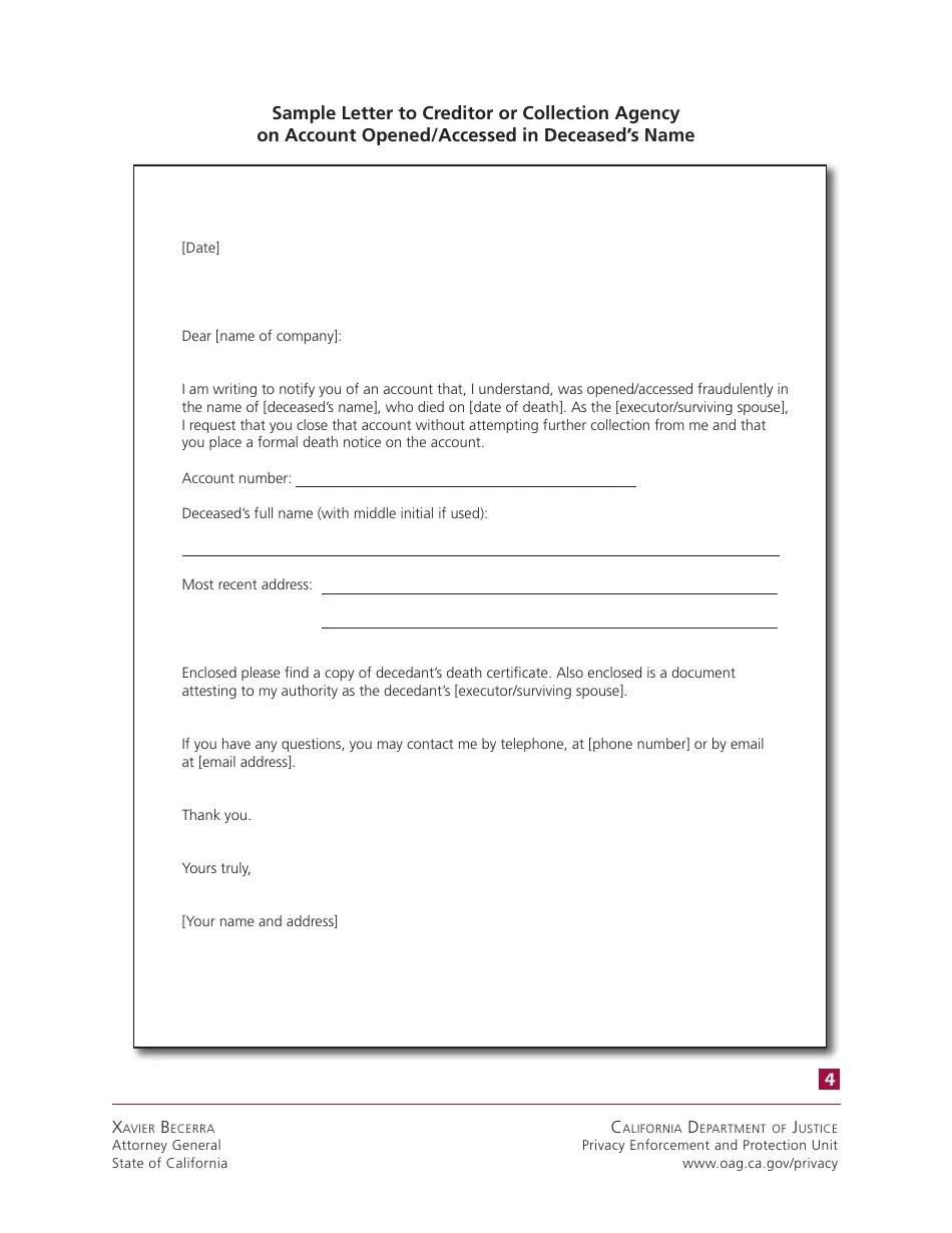 California Sample Letter to the Credit Bureaus Notifying of Death