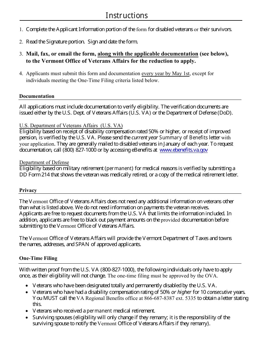 2024 Vermont Property Tax Exemption for Disabled Veterans and Their