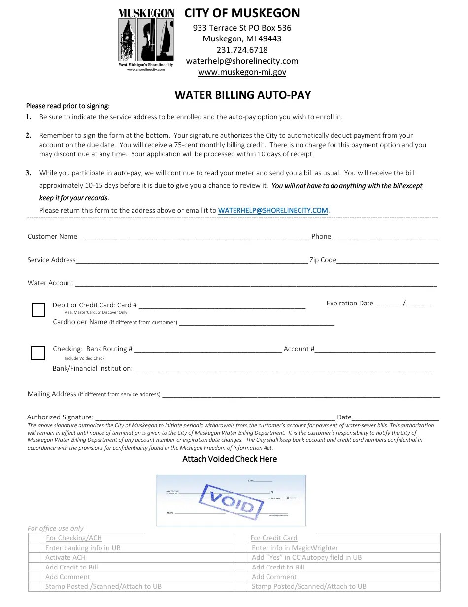 City of Muskegon, Michigan Water Billing Autopay Fill Out, Sign