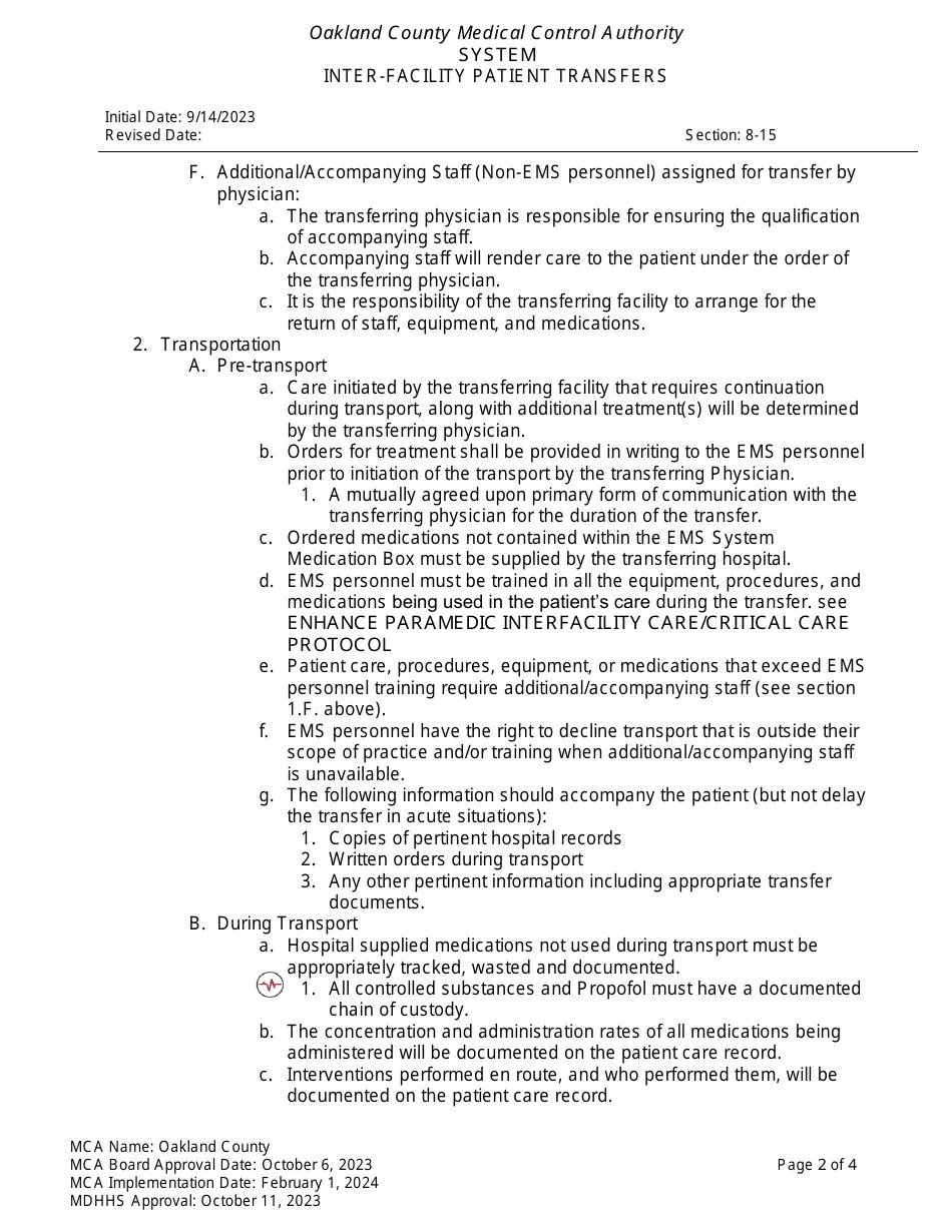 Oakland County, Michigan InterFacility Patient Transfers Fill Out