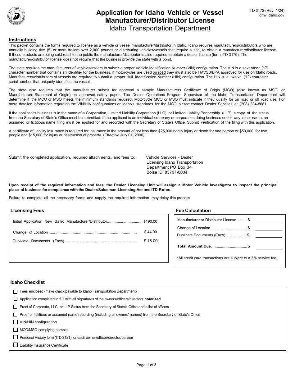 Form ITD3172 Download Fillable PDF or Fill Online Application for Idaho