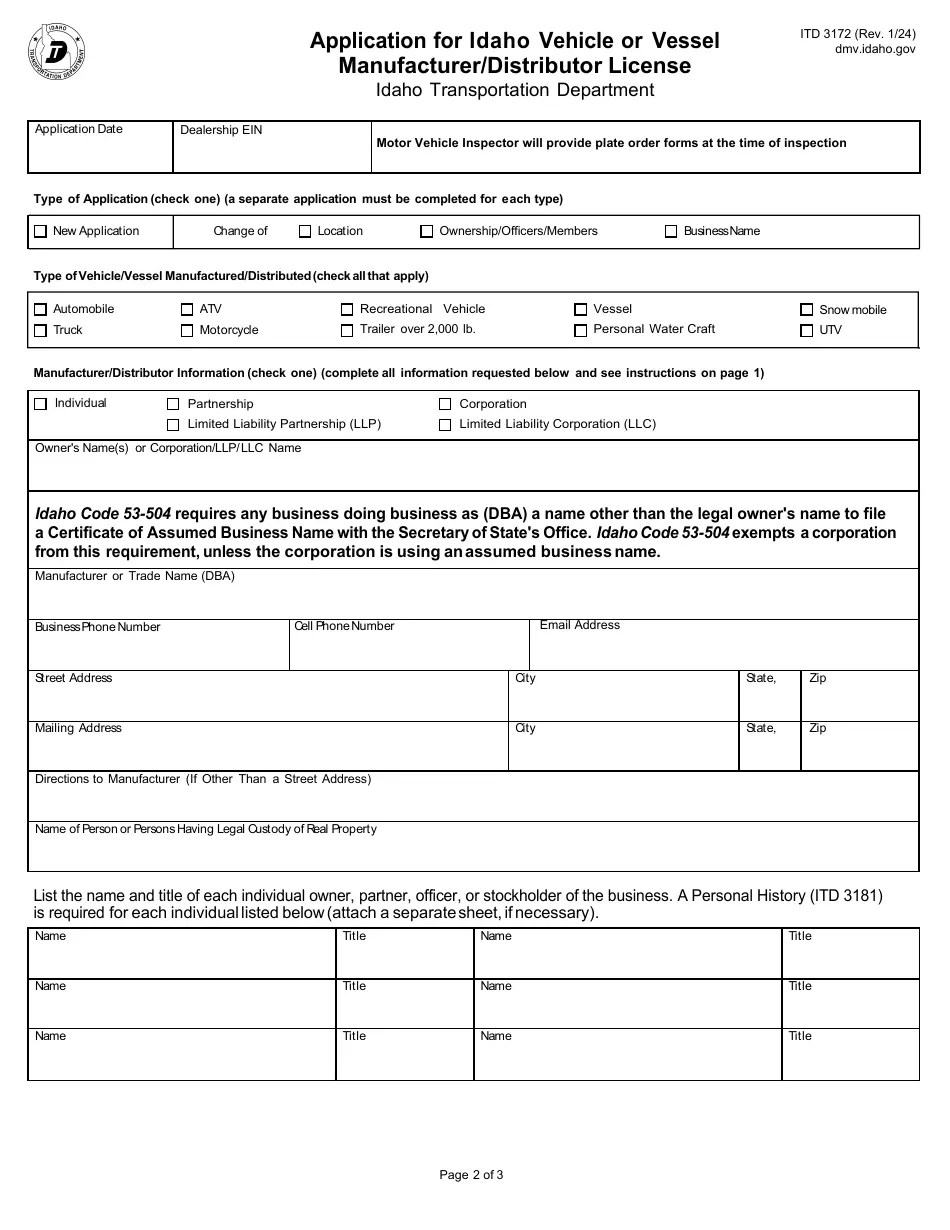 Form ITD3172 Download Fillable PDF or Fill Online Application for Idaho