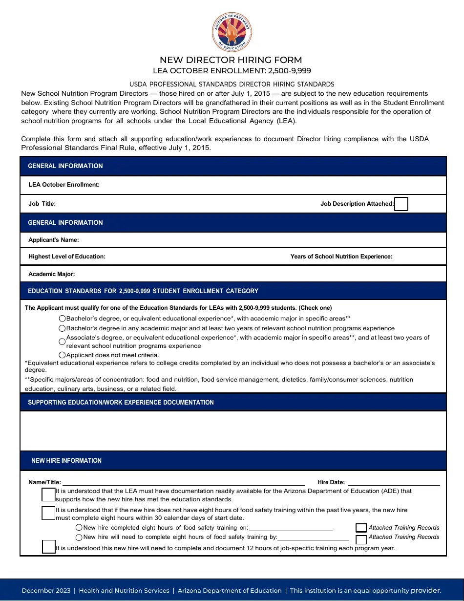 Arizona New Director Hiring Form Hired After July 1, 2015 (2,500