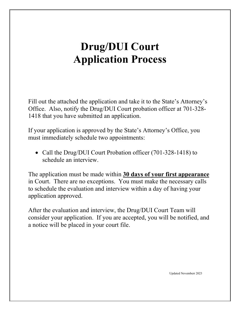North Dakota Request for Admisstion Into the BismarckMandan Drug/Dui Court Fill Out, Sign