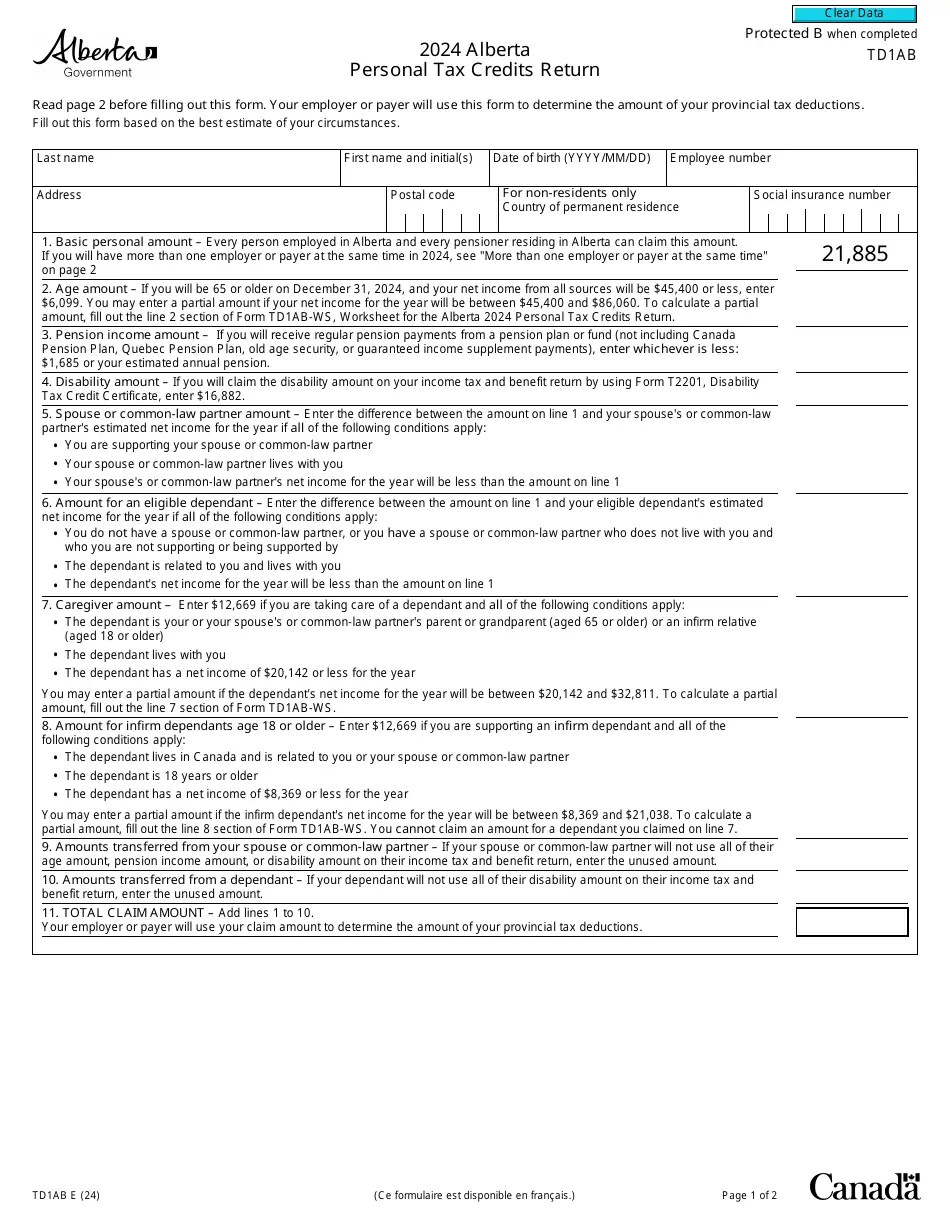 2024 Personal Tax Credits Return Form Alberta Linda Paulita