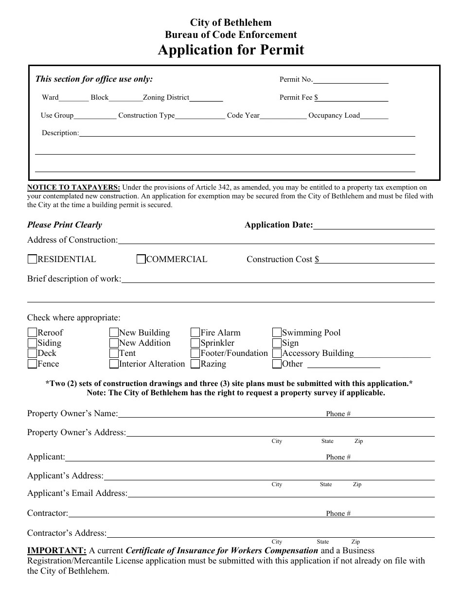 City of Bethlehem, Pennsylvania Application for Building/Zoning Permit