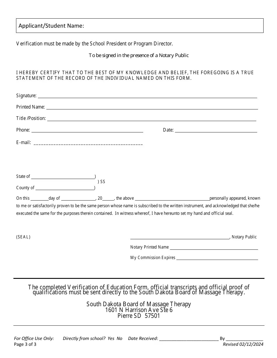 South Dakota Verification of Education Form Download Printable PDF