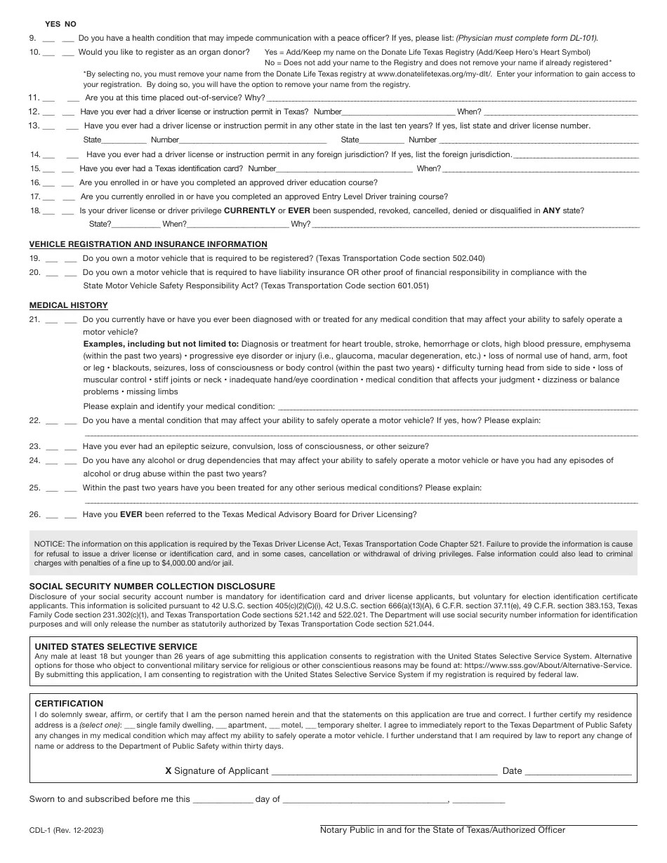 Form CDL1 Download Fillable PDF or Fill Online Texas Commercial Driver
