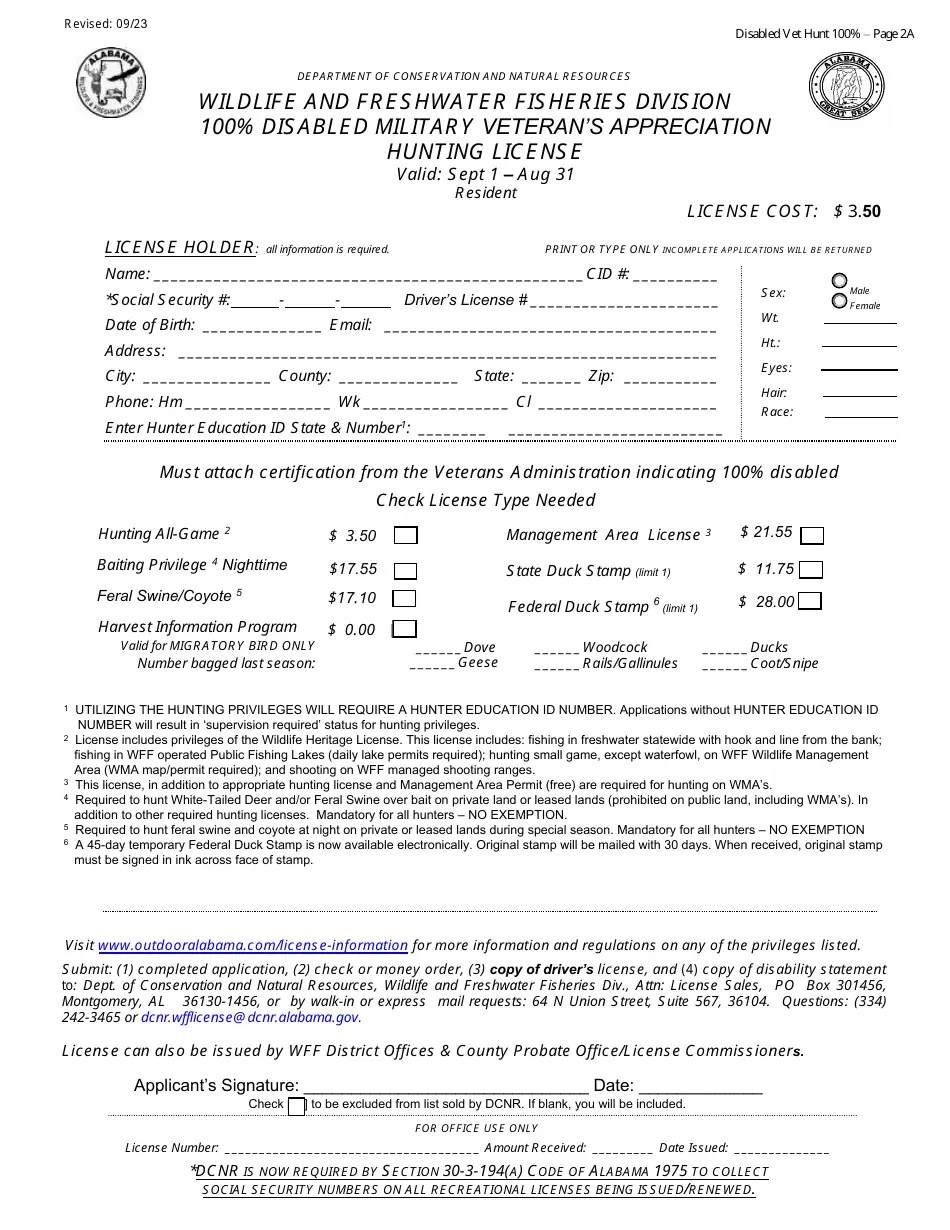 2024 Alabama 100 Disabled Military Veteran's Appreciation Hunting