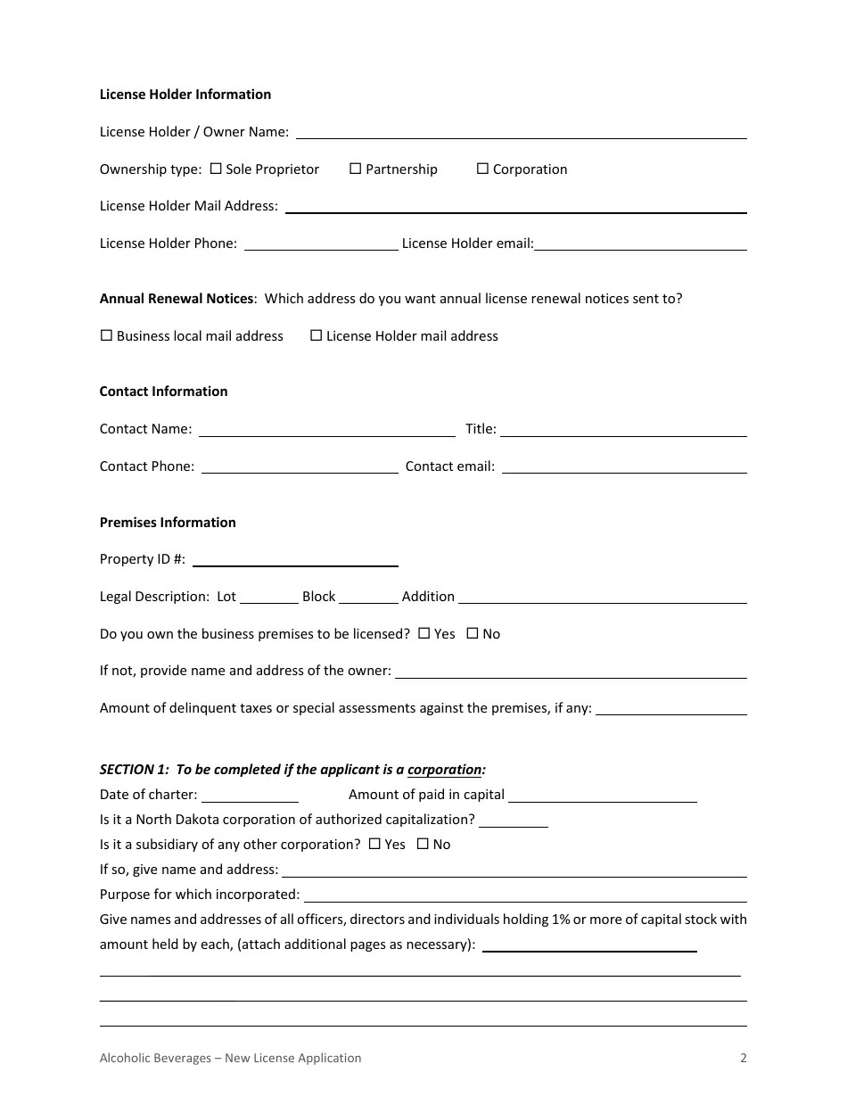 City of Williston, North Dakota Application for Alcoholic Beverage License Fill Out, Sign