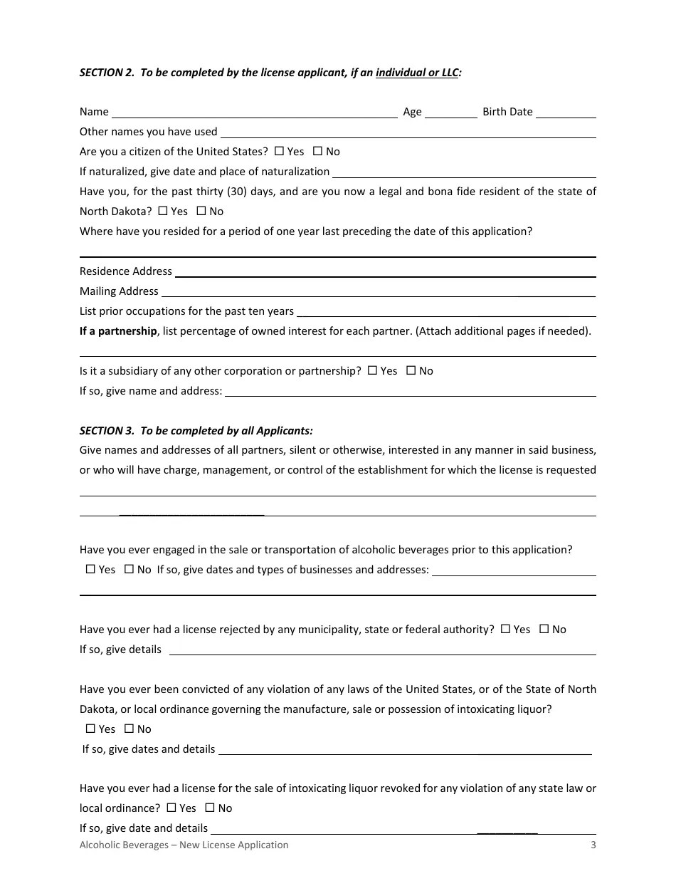 City of Williston, North Dakota Application for Alcoholic Beverage License Fill Out, Sign