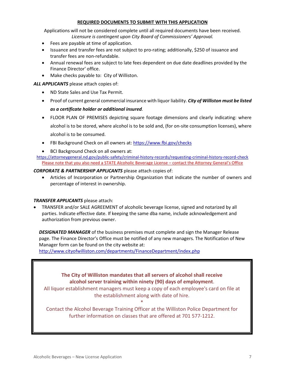 City of Williston, North Dakota Application for Alcoholic Beverage License Fill Out, Sign