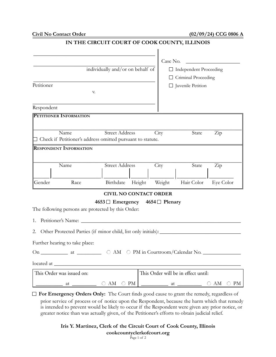 Form CCG0806 Download Fillable PDF or Fill Online Civil No Contact