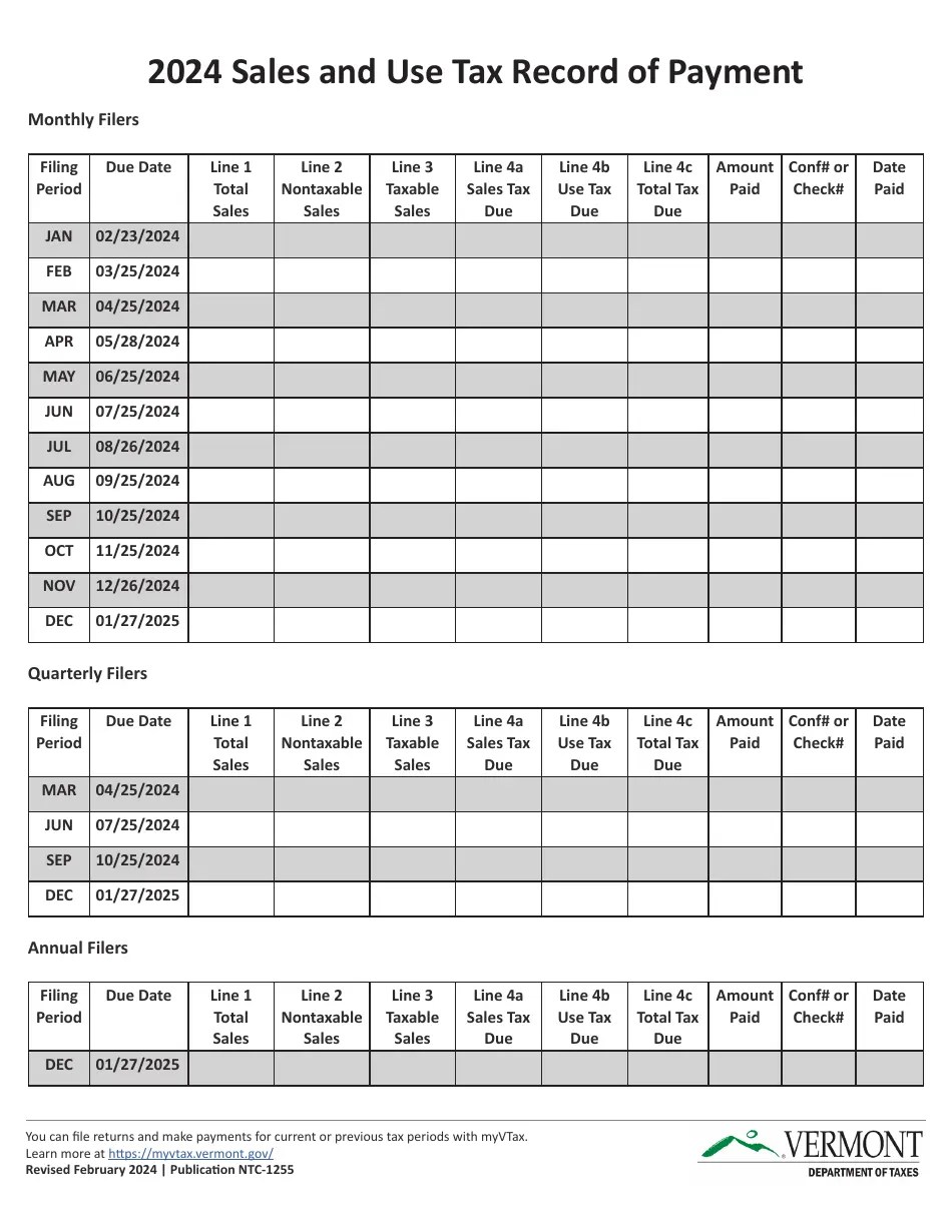 2024 Vermont Sales and Use Tax Record of Payment Download Printable PDF