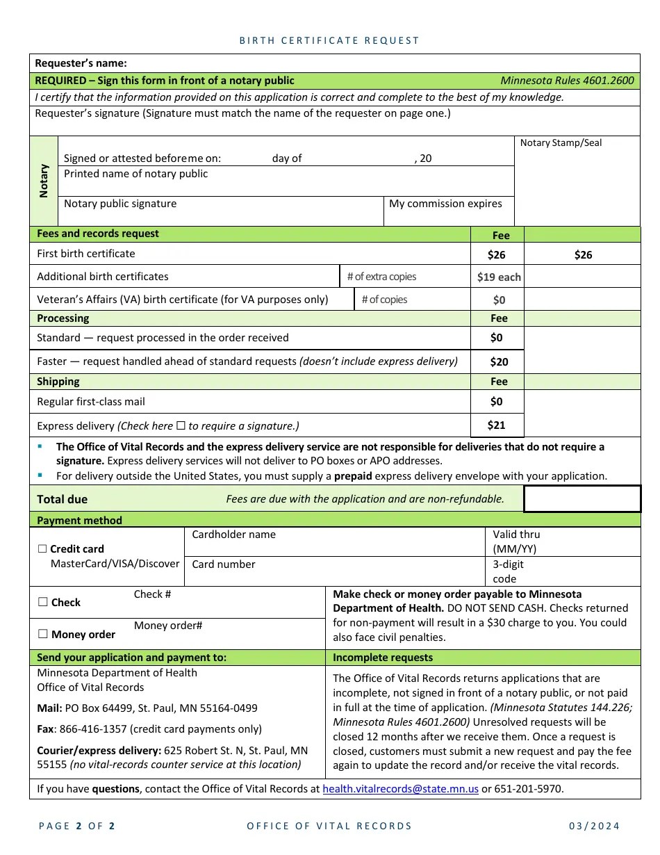 Minnesota Birth Certificate Request Download Fillable PDF Templateroller