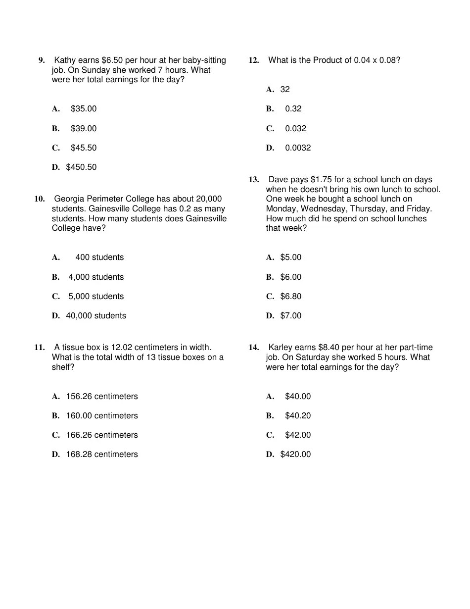 Multiplying Decimals Word Problems Worksheet With Answer Key Download