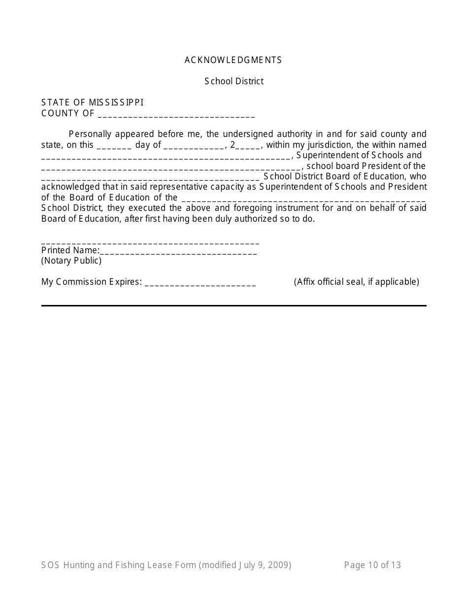 Mississippi Hunting and Fishing Lease Form 16th Section Public School