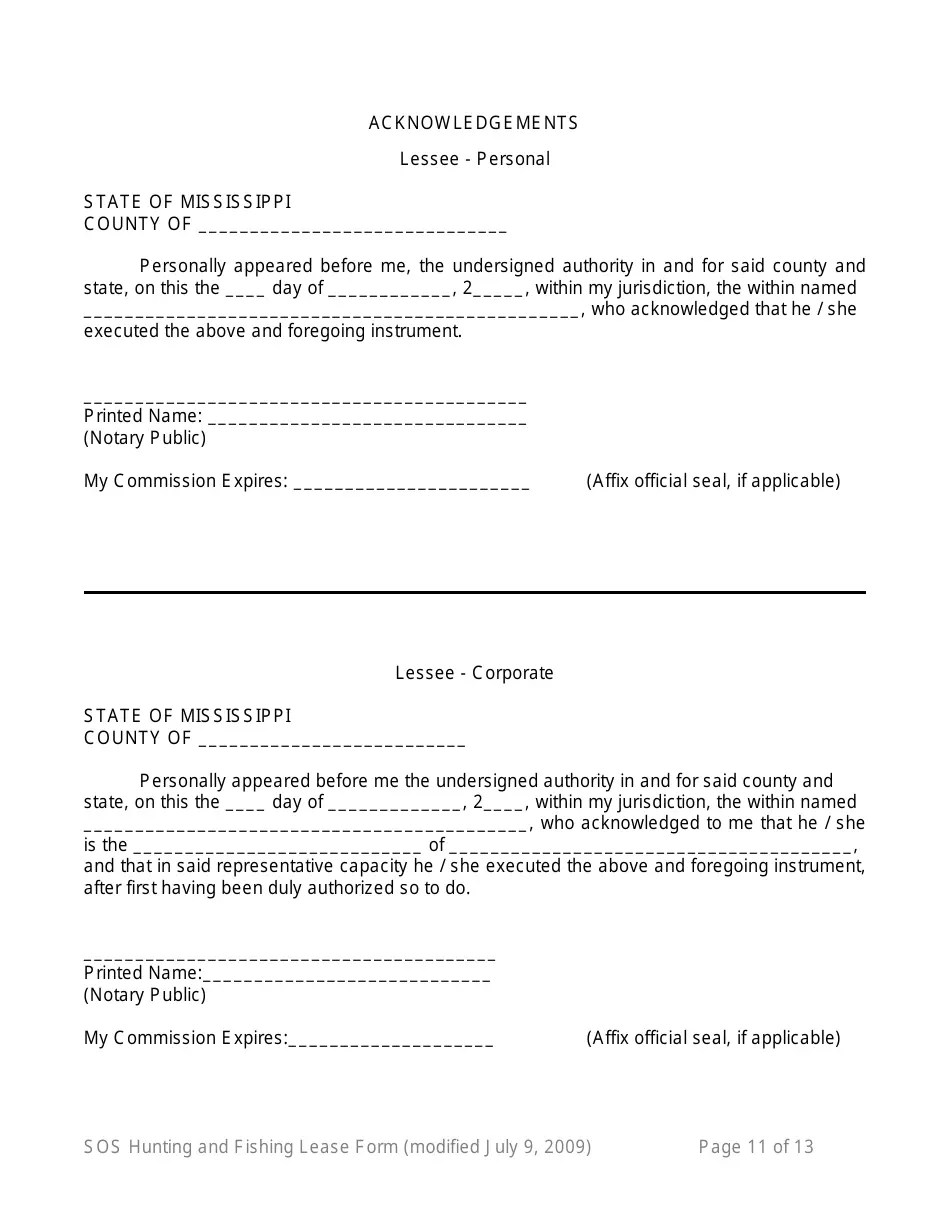 Mississippi Hunting and Fishing Lease Form 16th Section Public School