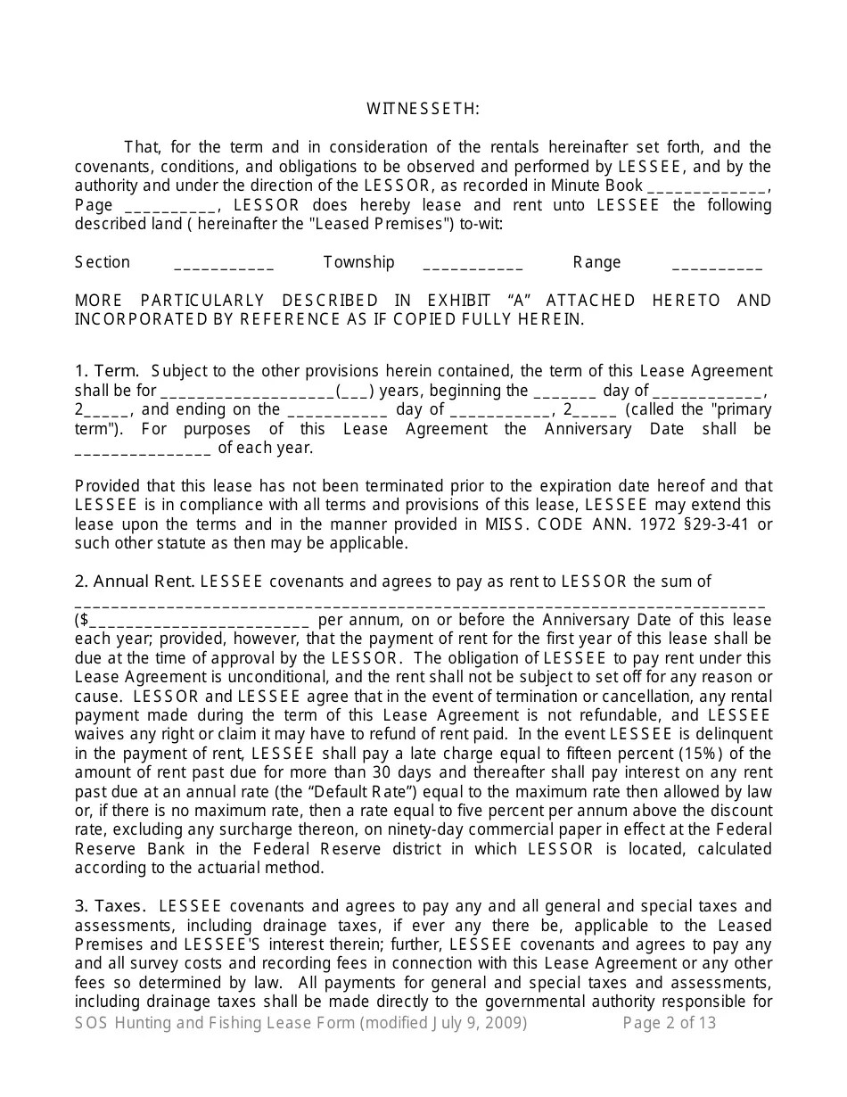 Mississippi Hunting and Fishing Lease Form 16th Section Public School