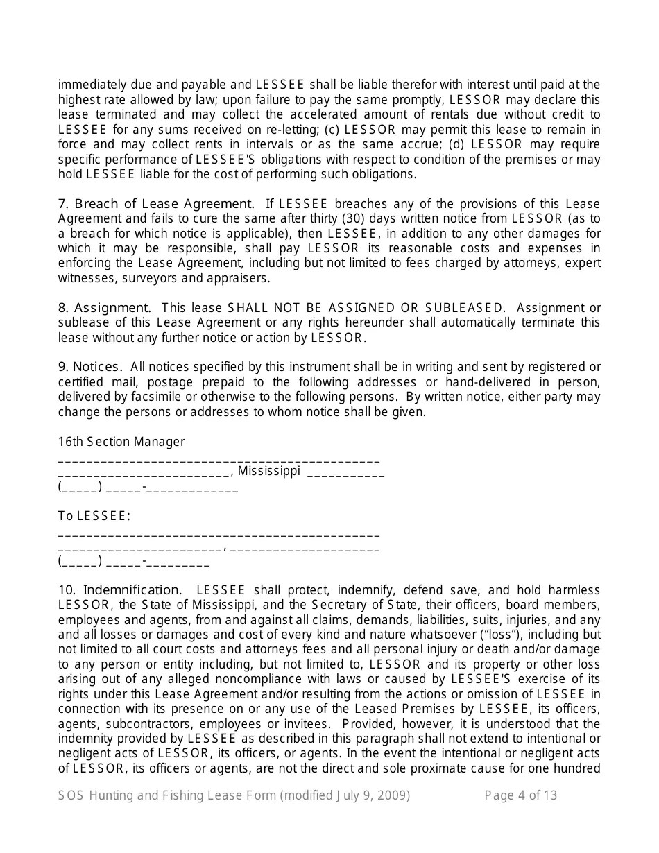 Mississippi Hunting and Fishing Lease Form 16th Section Public School