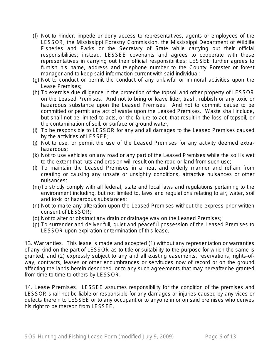 Mississippi Hunting and Fishing Lease Form 16th Section Public School