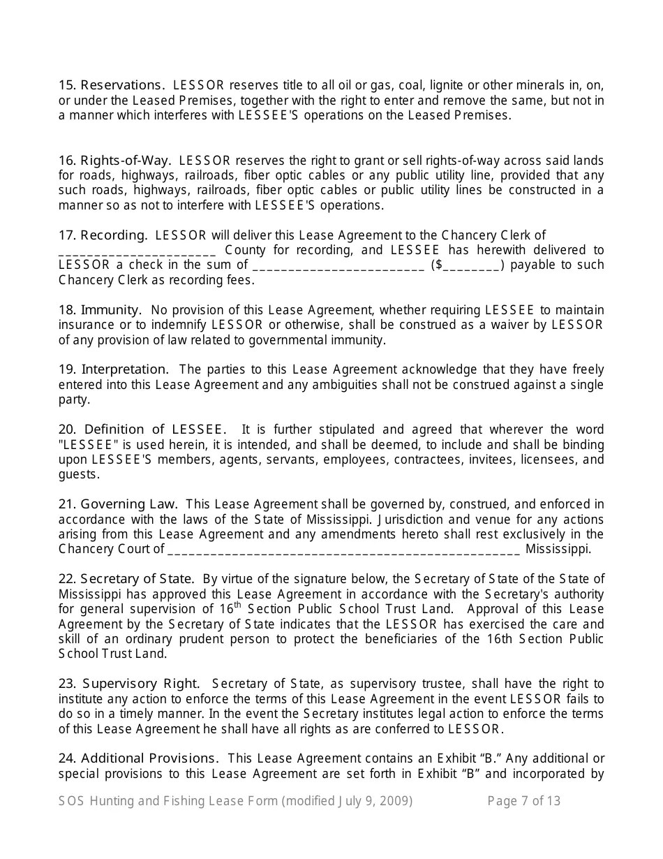 Mississippi Hunting and Fishing Lease Form 16th Section Public School