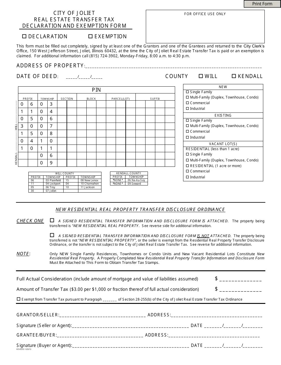 City of Joliet, Illinois Real Estate Transfer Tax Declaration and Exemption Form Fill Out