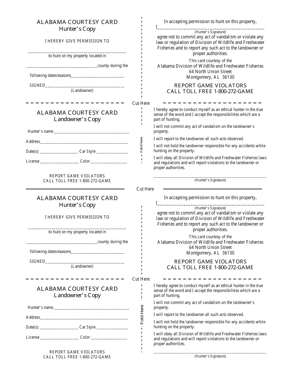 Alabama Hunter Courtesy Card Fill Out, Sign Online and Download PDF Templateroller