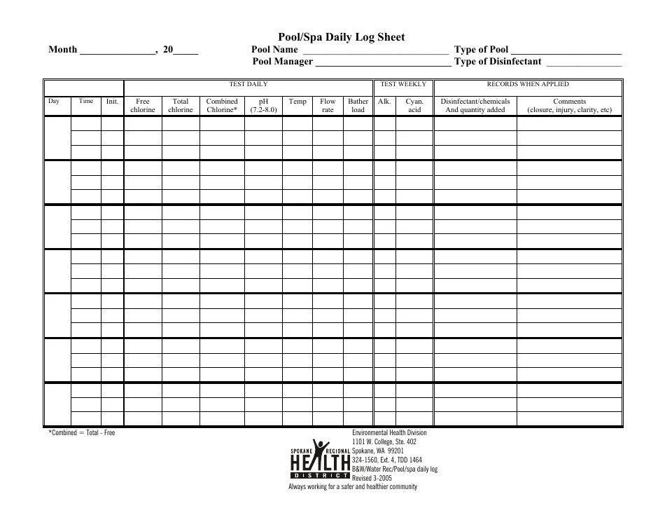 Pool/SPA Daily Log Sheet Template - Health District Download Printable