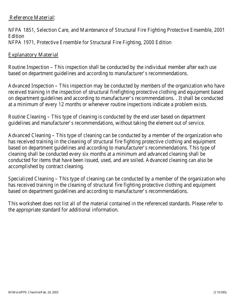 Personal Protective Equipment Checklist/Log Vfis Download Printable