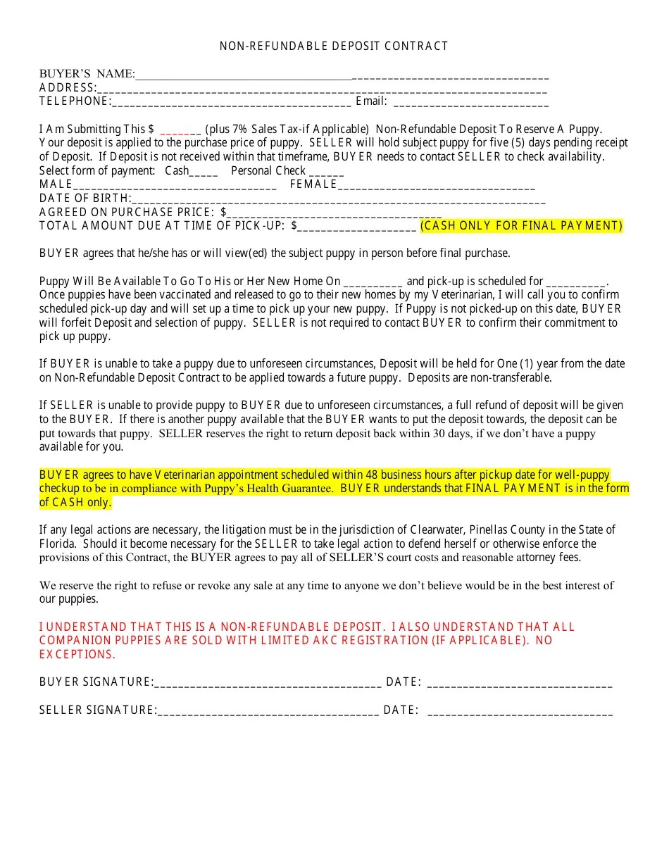 Pinellas County, Florida Nonrefundable Puppy Deposit Contract Template