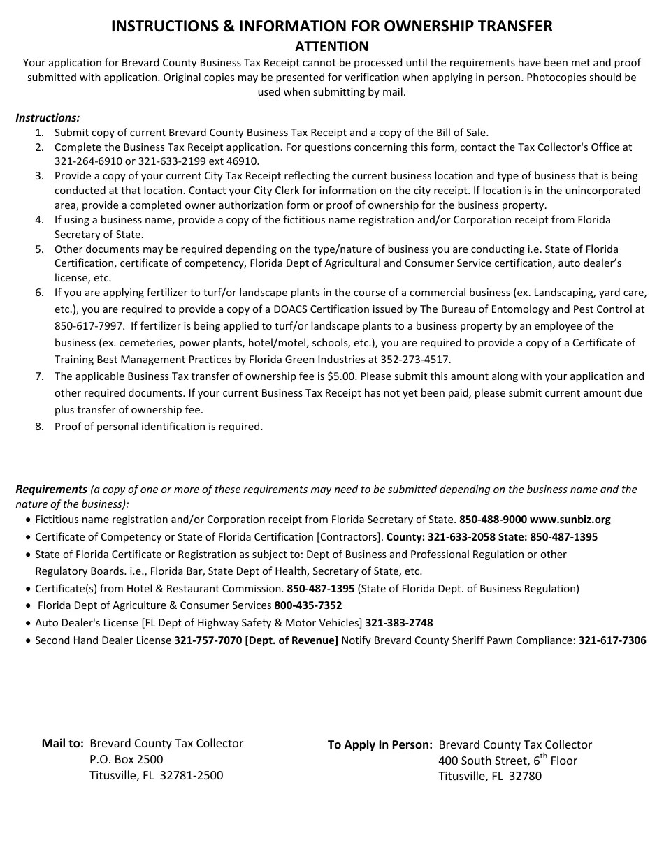 Brevard County, Florida Application for Brevard County Business Tax