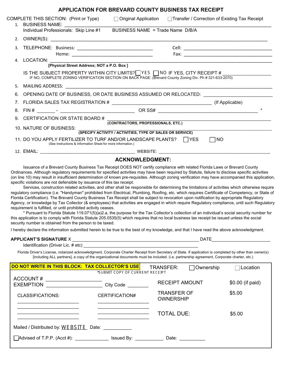 Brevard County, Florida Application for Brevard County Business Tax Receipt Fill Out, Sign