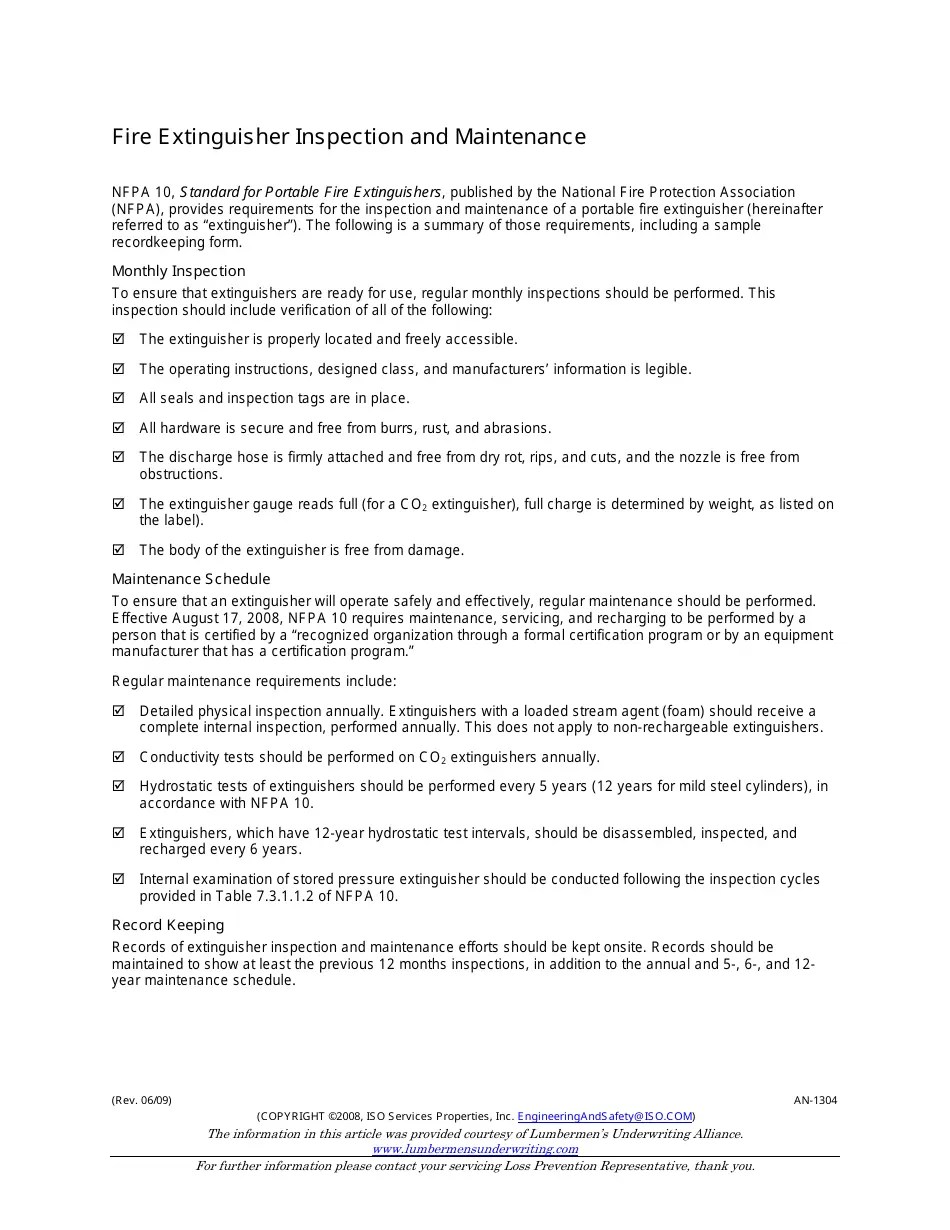 Fire Extinguisher Inspection Record Form Iso Services Properties