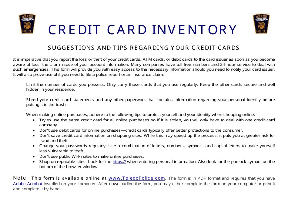 Toledo, Ohio Credit Card Inventory Form Fill Out, Sign Online and