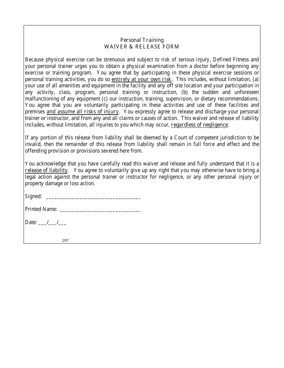 Personal Training Waiver & Release Form Fill Out, Sign Online and