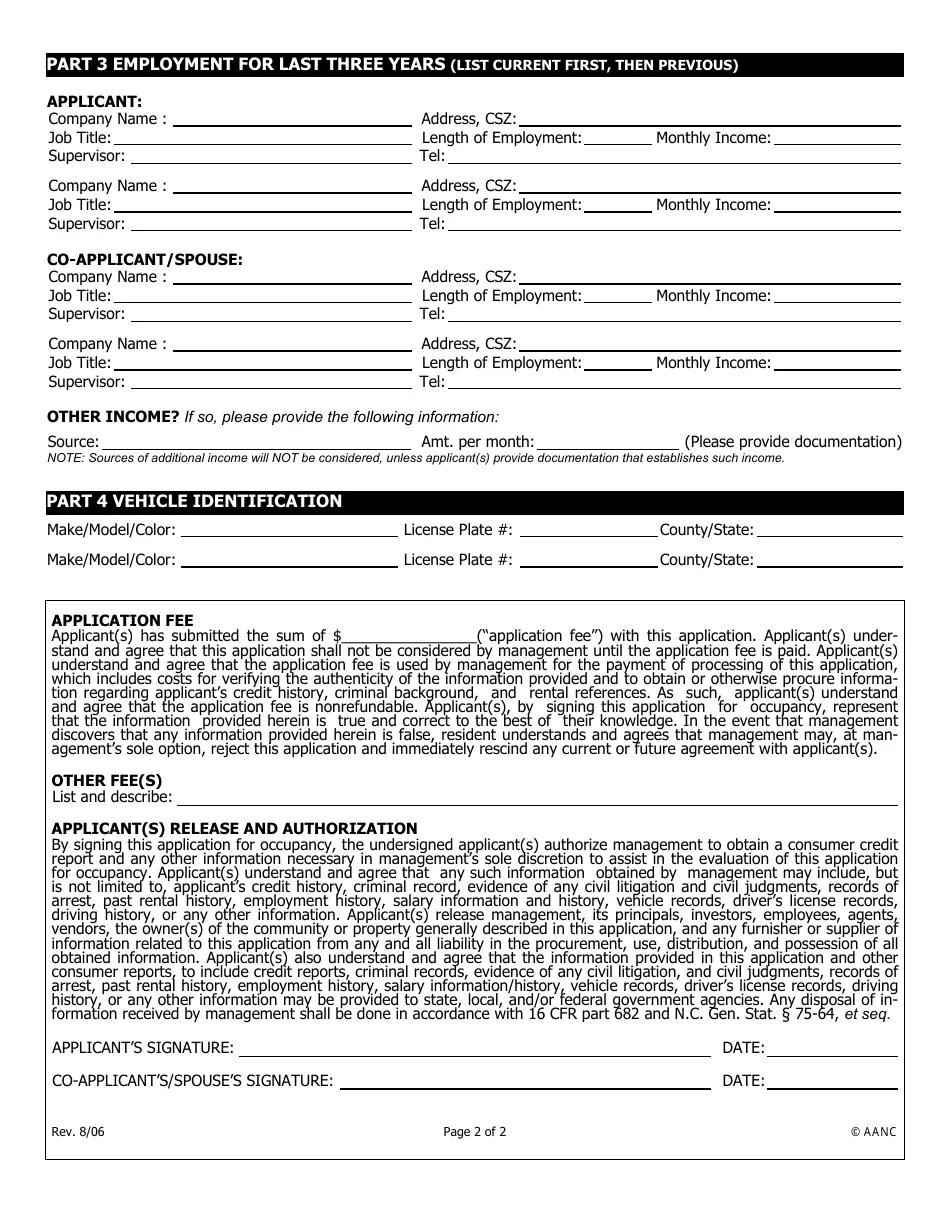 North Carolina Resident Application for Occupancy Aanc Download