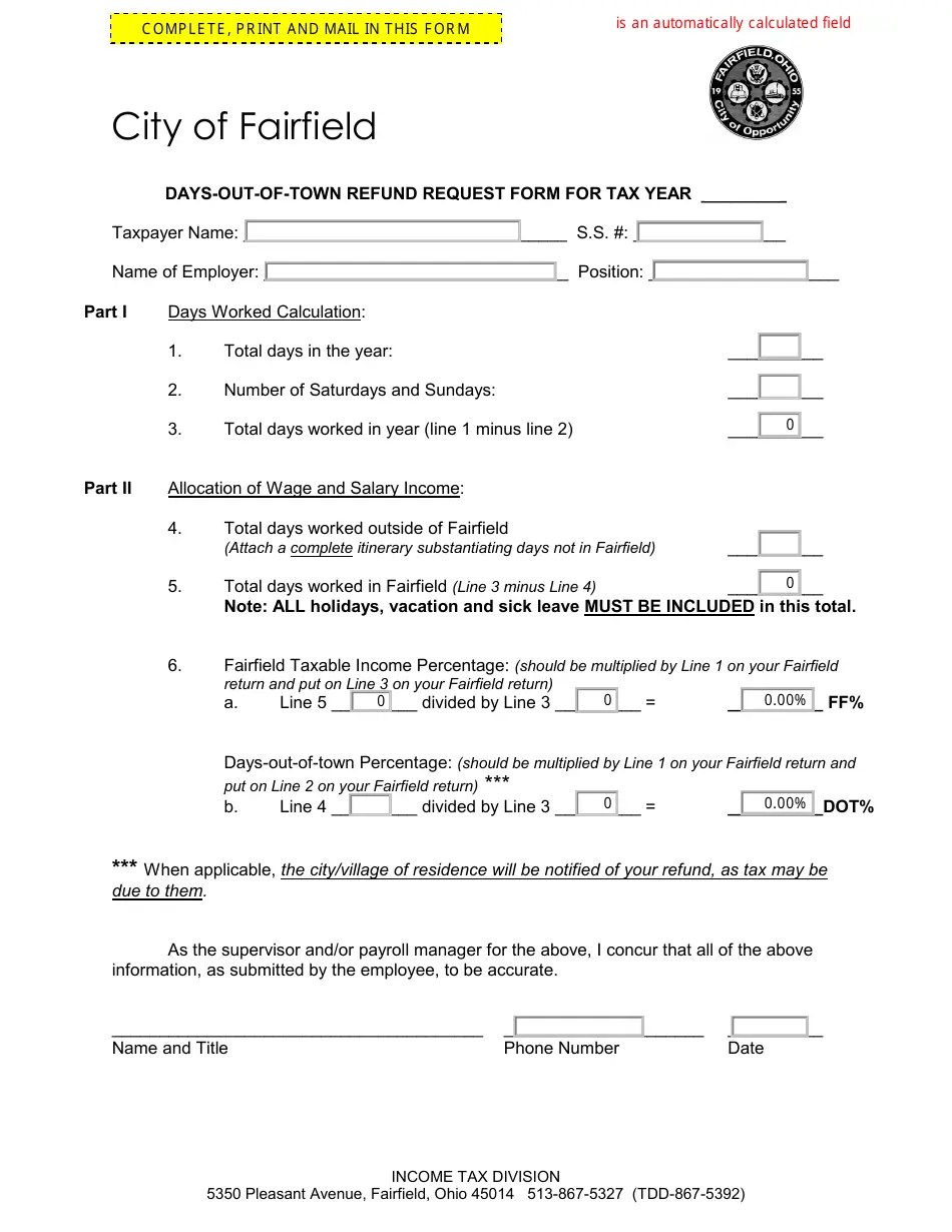 Fairfield, Ohio DaysOutOf Town Refund Request Form Fill Out, Sign