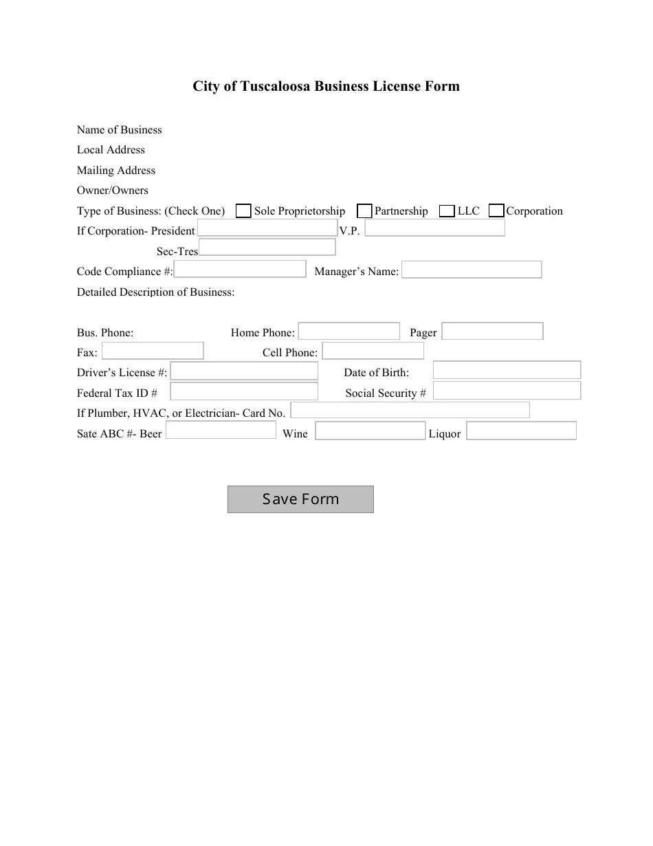 City of Tuscaloosa, Alabama Business License Form Fill Out, Sign Online and Download PDF