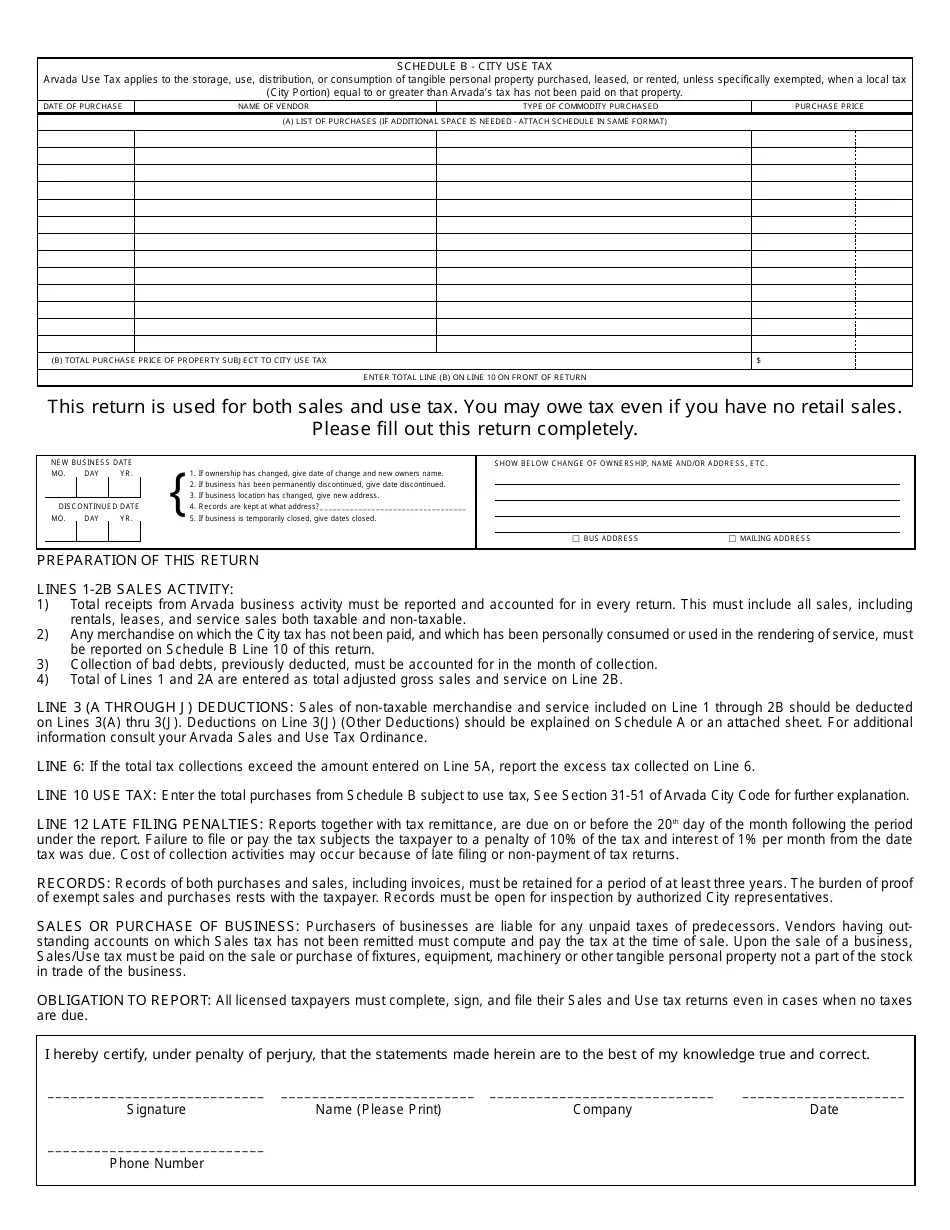 CIty of Arvada, Colorado Sales & Use Tax Return Form Fill Out, Sign